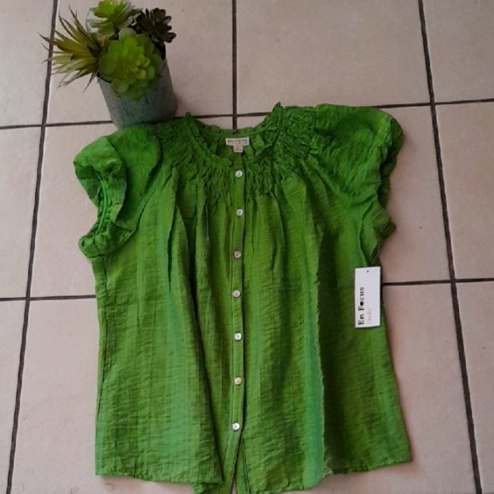 Enfocus Studio Semi Silk Leafy Green Blouse L NWT